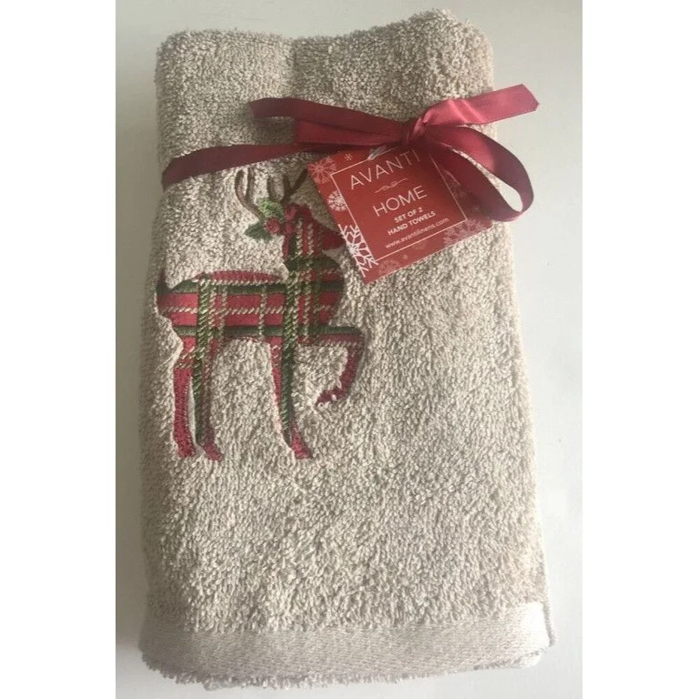 Avanti Christmas Plaid Reindeer Hand Towels Embroidered Bathroom Beige Set of 2